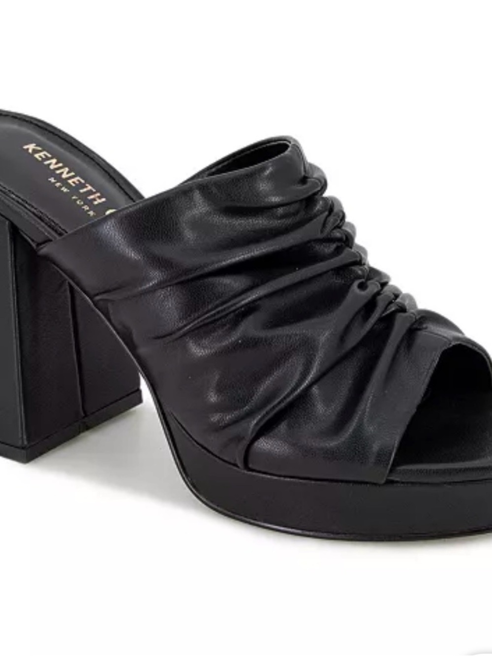Kenneth Cole New York Black Ruched Open-Toe Block Heel Mule Sz 6 NIB